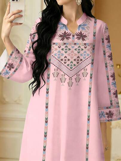 SHEIN Najma Bata elegante de manga larga con estampado floral digital y cuello alto para mujer, primavera/otoño