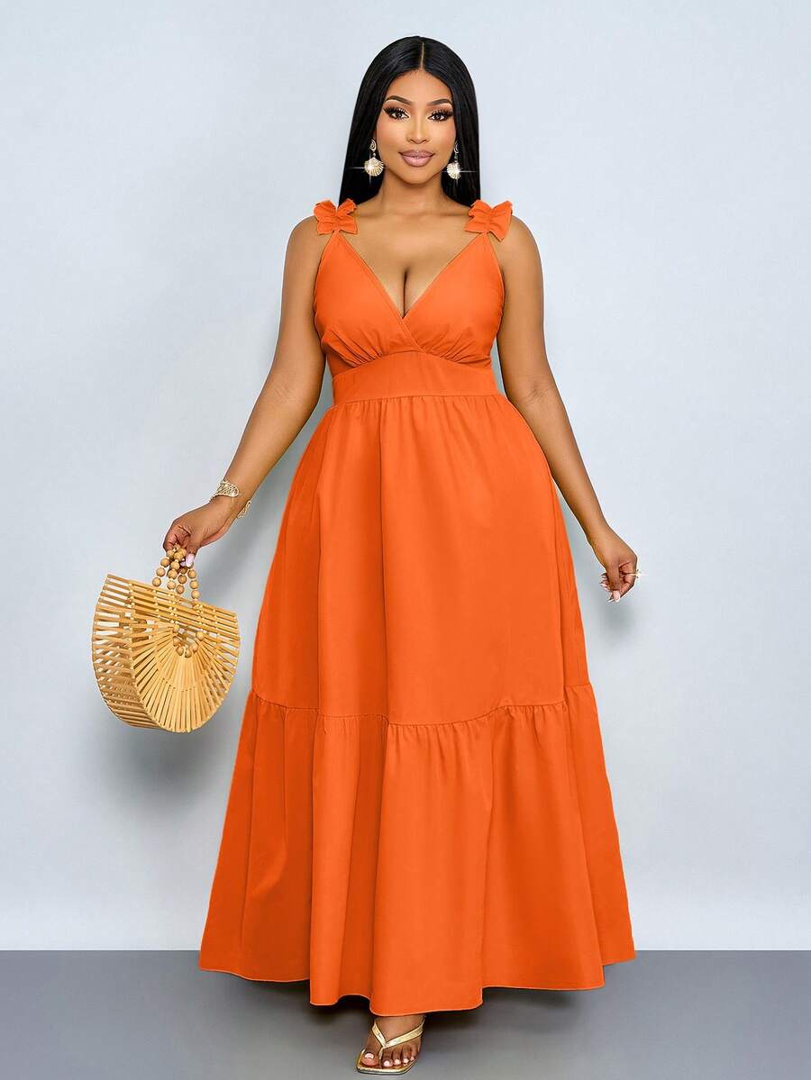 SOLERSUN 大码女装时尚纯色宽松休闲腰部交叉V领荷叶边肩带露背镂空无袖连衣裙。适合海滩度假、音乐节、返校、浪漫约会、情人节、派对、完美下午茶聚会、海滩度假等各种场合。夏季度假连衣裙,适合身材丰满的女士,夏季连衣裙,女士度假装,大码女装连衣裙。 - 橘色 - 查看 1
