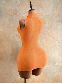 Mistrie 女士性感镂空无袖紧身迷你连衣裙，夏季 - 亮橙色 - 查看 2