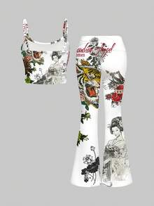 ROMWE Grunge Punk New Chinese Style Sexy Geisha Slogan Cute Sexy Camisole & Flared Pants With Layered Waistband, Women 2 Pieces Set - White - View 2