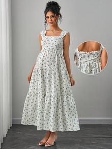 Momance Maternity Dress With Wide Shoulder Straps, Ruffle Trim, Criss-Cross Tie Back, Bowknot Accent, Fitted A-Line Silhouette, Multi-Tiered Cake Skirt, Floral Print Maxi Dress - Blue and White - View 1