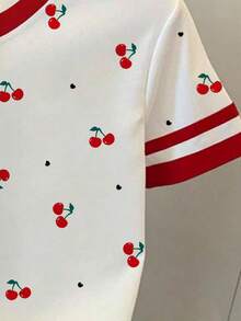 少女休闲可爱樱桃图案，红白撞色印花基础款短款T恤，舒适百搭，适合春夏日常穿着 - 彩色 - 查看 4