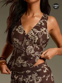 Women's Vacation Brown Embroidered Floral Print V-Neck Fitted Tank Top And Straight Leg Pants 2 Pieces Set,Casual Sets For Women,Easter,Music Festival, Summer Holiday Outfits,Beach Vacation Outfits,Outdoor Wear,Brown 2 Pieces Set - Brown - View 4