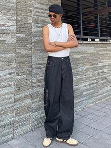 Ngobest Haus Ngobest Haus 1件男士复古美式拼接豹纹牛仔裤，休闲宽松阔腿裤 - 黑色 - 查看 1