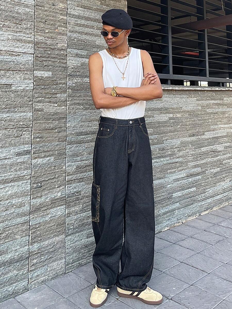 Ngobest Haus Ngobest Haus 1件男士复古美式拼接豹纹牛仔裤，休闲宽松阔腿裤 - 黑色 - 查看 1