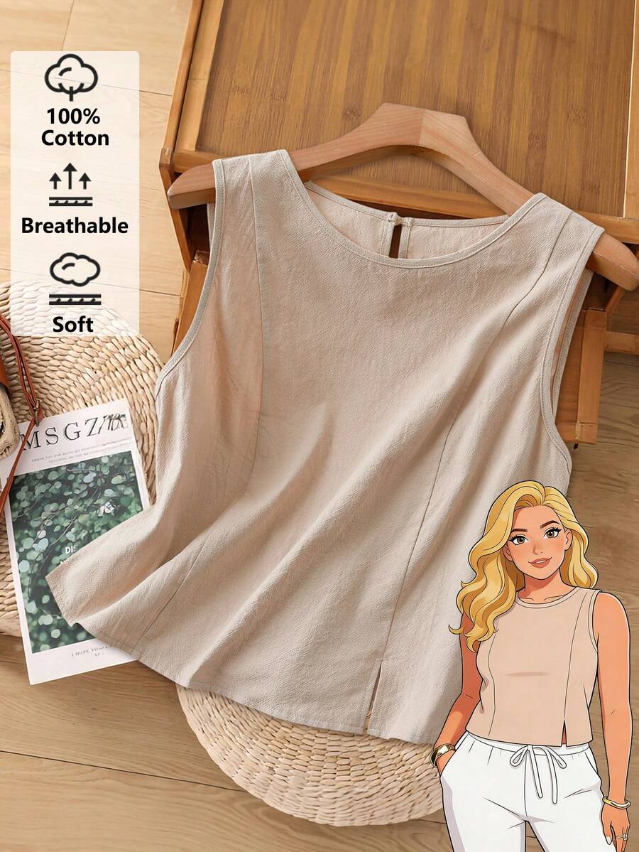 Rusticease Plus Size Summer Casual Solid Color Keyhole Back Tank Top\Vacation Brown Top Summer Tops Summer Outfits Summer Clothes Spring Spring Outfit Women Spring Clothes Country Style For Women - Apricot - View 1