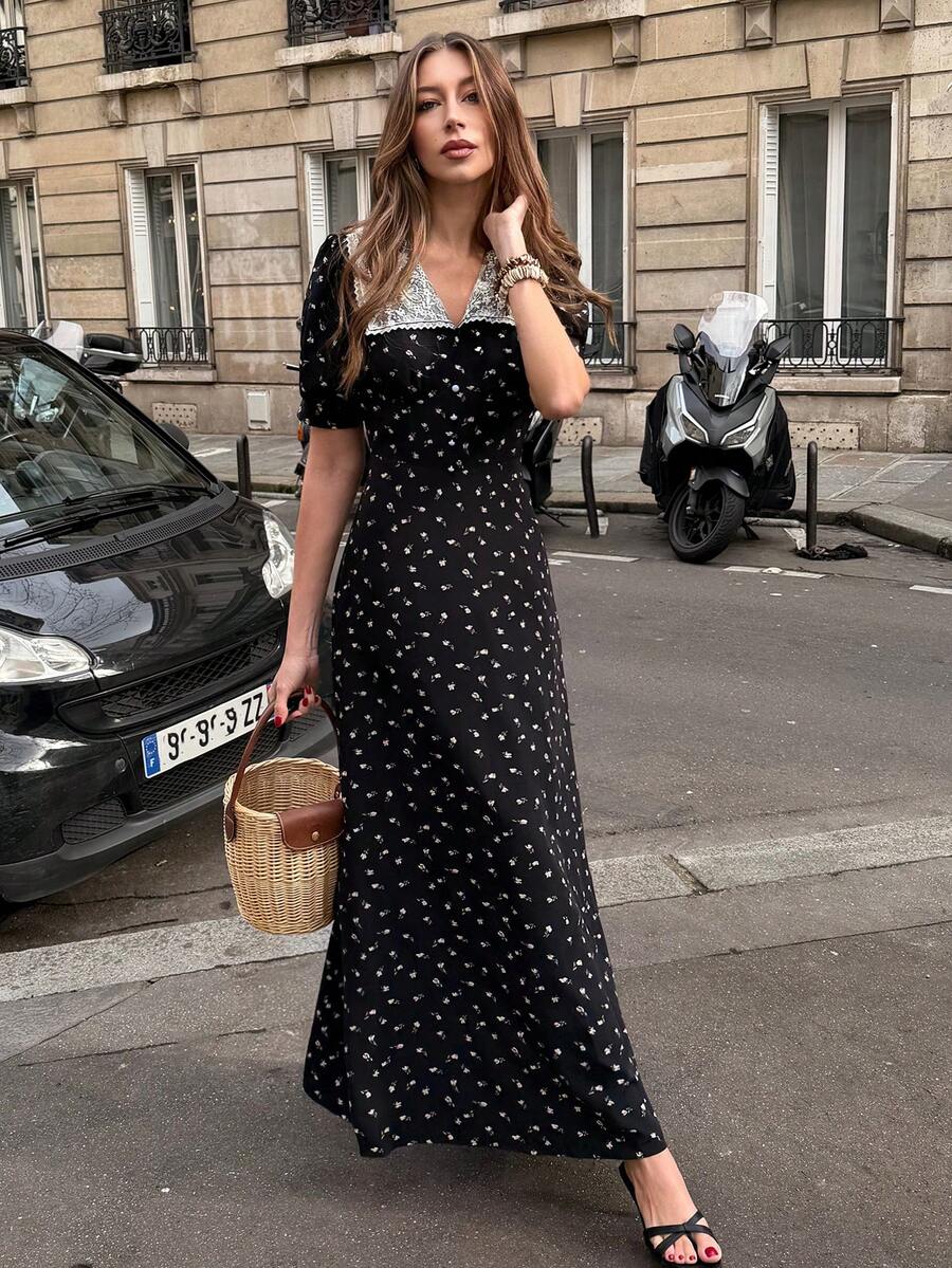 Pariaura 优雅浪漫的法式复古蕾丝领碎花连衣裙，女士新款春夏系列，修身短袖长款连衣裙，凸显腰部曲线。 - 黑色 - 查看 1