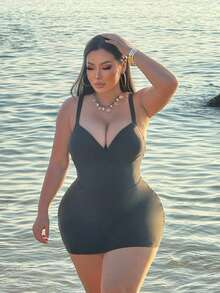 Swim SXY Plus Size Women Solid Color Backless Strap One-Piece Swimsuit, Vacation - Black - View 5