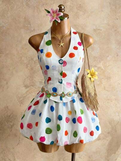 BamGleam Women's New Colorful Polka Dot Print Halter Tie Bow Camisole Top + Printed Bubble Mini Skirt 2-Piece Set, Suitable For Street, Date, Party
