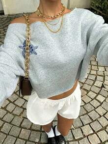 SHEIN EZwear Women's Off-Shoulder Cropped Sweatshirt, Suitable For Fitness, Dancing, Autumn/Winter, Loose Fit Casual Crew Neck Long Sleeve Thick Sweatshirt - Multicolor - View 3