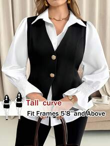 SHEIN Tall CURVE 大尺碼優雅黑白配色秋季休閒通勤辦公室色塊收腰襯衫女上衣 - 黑與白 - 查看 3