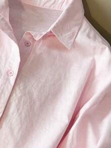 INAWLY Bộ 2 món đồ thời trang đơn giản giản dị cho nữ, áo dài tay rộng rãi bằng vải lanh và quần short - Hồng - Xem 3