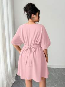 Elenzga Women's Casual V-Neck Cinched Waist Waist Short Elegant Red Evening Dress, Summer - Baby Pink - View 2