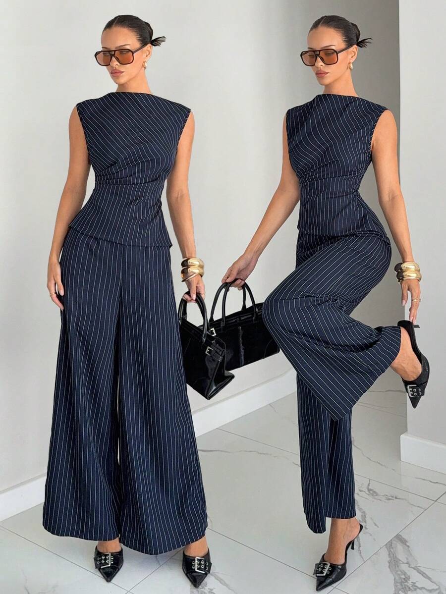 Siren Gaze Women's Asymmetrical Navy Blue Striped Sleeveless Jumpsuit, Sleeveless Elegant Jumpsuit For Commuting, Office, Teacher Outfit, Back To School, Summer, Navy Blue Jumpsuit, Wide Leg Jumpsuit Women, Elegant Jumpsuit, Palazzo Jumpsuit Navy Blue Jumpsuit Women - Navy Blue - View 1