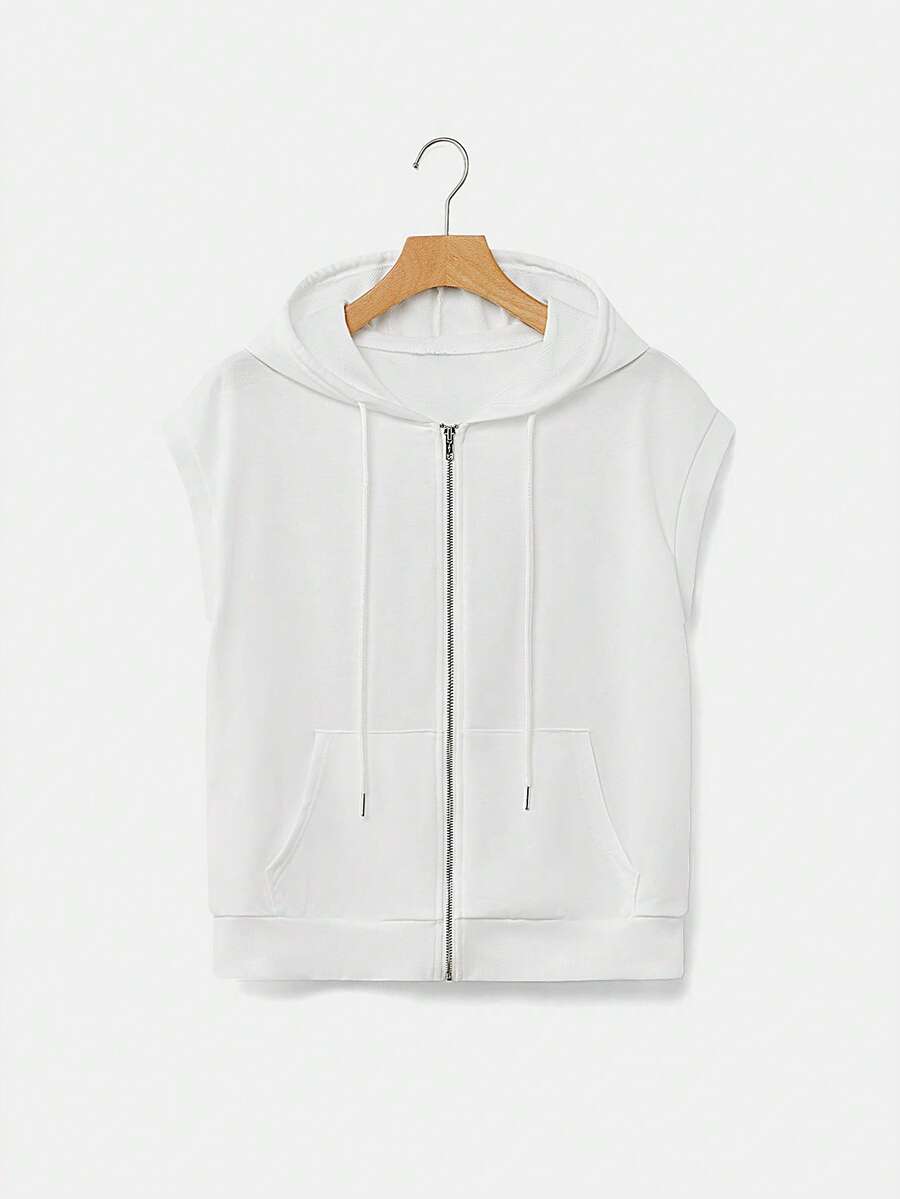 SHEIN EZwear Kangaroo Pocket Hooded Sweatshirt In Fall/Winter Sleeveless Hoodie Zip Up Hoodie Hooded Vest White Vest Hoodie White Hoodie - White - View 1