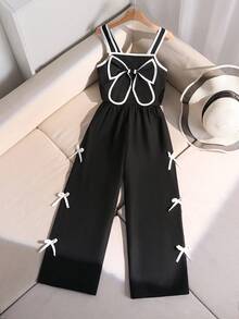 SHEIN Bộ 2 món cho bé gái tuổi teen: Áo croptop hai dây phối màu tương phản thanh lịch và quần ống đứng dệt họa tiết nơ, trang phục thường ngày, đi nghỉ mát, dự tiệc. - màu đen - Xem 10