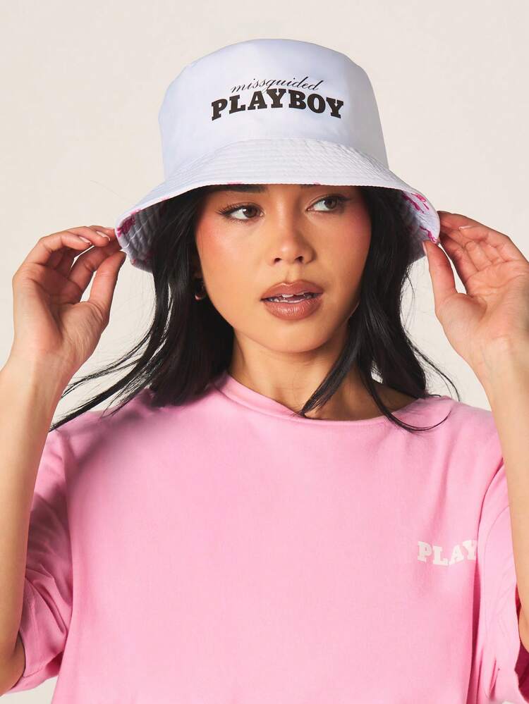 Missguided x Playboy Reversible Bunny Print Bucket Hat With Pink Bunny Logo Pattern Sun Protection Festival Headwear