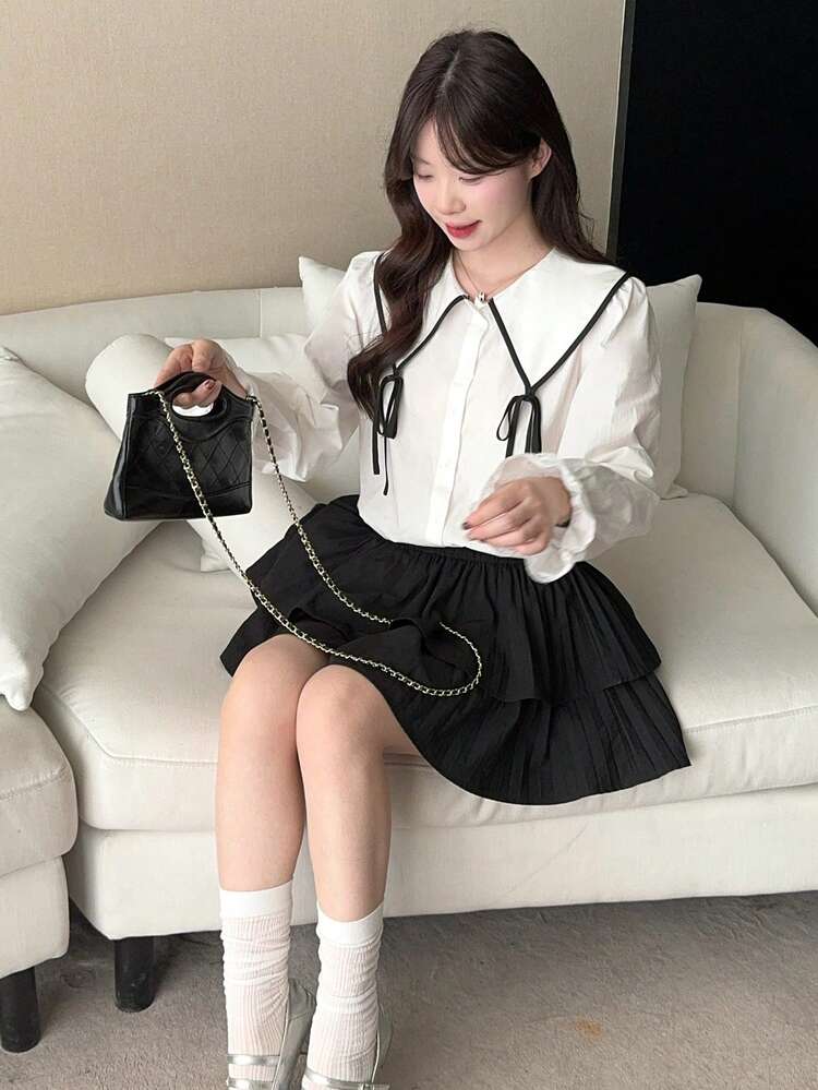 Women's Collared Contrast Color Bow Tie Casual Long Sleeve Blouse