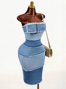 Mistrie Women's Denim Extra Long High Slit Dress - Blue - View 6