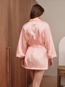 lacRébo Floral Satin Kimono With Waist Belt, Lounge Kimono In Light Pink Spring Summer French Style Parisian Style Pink Loungwear Pink Satin Sleepwear - Coral Pink - View 4