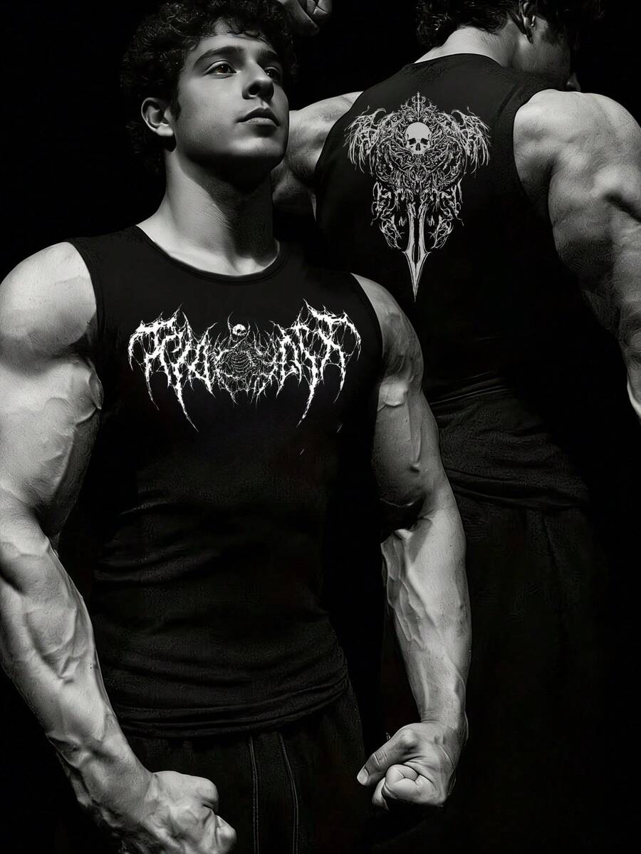 GymBeat Men's Casual Skull Print Round Neck Sports Tank Top, Summer