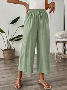 Easowa Quần lửng cotton lanh dáng rộng mùa thu, màu xám xanh, quần đi học/quần công sở cho nữ - Màu xanh lục của thợ săn - Xem 4