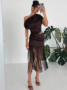 Firerie Women's Elegant Minimalist Dignified Fashion Refined Modern Commute Casual New Style Fashionable Vacation Ruffle Shoulder Short T-Shirt Top - Brown - View 3