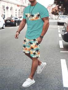 Manfinity RSRT Tropical Coconut Tree Beach Print Men's Round Neck Short Sleeve Lake Blue T-Shirt Set, Men's American Beach Style Round Neck Lake Blue T-Shirt Set - Multicolor - View 1