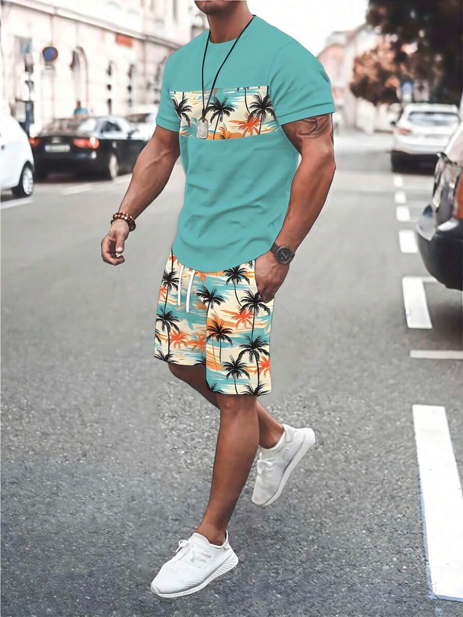 Manfinity RSRT Tropical Coconut Tree Beach Print Men's Round Neck Short Sleeve Lake Blue T-Shirt Set, Men's American Beach Style Round Neck Lake Blue T-Shirt Set - Multicolor - View 1
