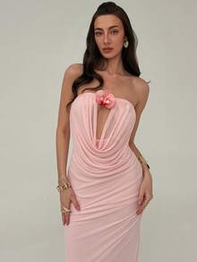 Aloruh Đầm ôm dáng xếp ly, họa tiết hoa 3D giả, dành cho nữ, thích hợp cho mùa xuân/hè. - Hồng - Xem 6