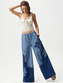 Bohemela Women's Casual Woven Patchwork Loose Wide Leg Pants - Blue - View 7