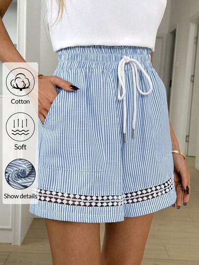 Easowa Women's Summer Casual Striped Drawstring Waist Shorts Women's Soft Cotton Striped Shorts With Drawstring Waist And Delicate Lace Trim For Summer Comfort
Chic Blue And White Striped Women's Shorts With Elastic Waist Pockets And Decorative Lace Hem For Casual Wear  Summer Outfits Spring Outfit Women Summer Holiday Outfits