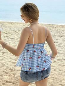 MainGRL Blue & White Plaid With Red Cherry Print Women's Camisole - Blue - View 2