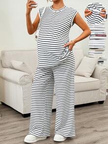 SHEIN 2pcs Maternity Striped Round Neck T-Shirt And Adjustable Waist Pants Set - White - View 3