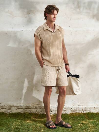 TONEVAULT Men's Summer Casual Vacation & Commute Solid Color Textured Fabric Polo Collar T-Shirt
