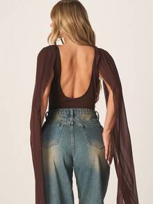 MISSGUIDED 女士棕色长款斗篷袖高领连体衣，露背镂空设计 - 咖啡棕 - 查看 3