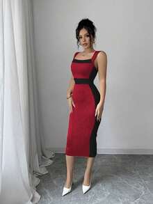 Rafferiza Petite Đầm bó sát màu tương phản thanh lịch dành cho nữ khi đi làm - Đỏ - Xem 4