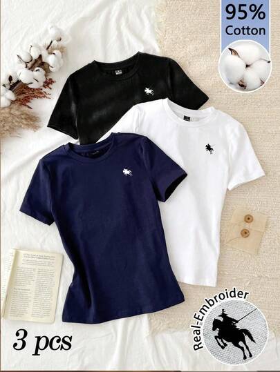 Tseoso 3pcs Set Casual Minimalist 95% Cotton Horse Embroidery & Print Pattern Versatile Comfortable Women Round Neck Fitted Long Tee Shirt Set, Suitable For Outing, Vacation, Chic