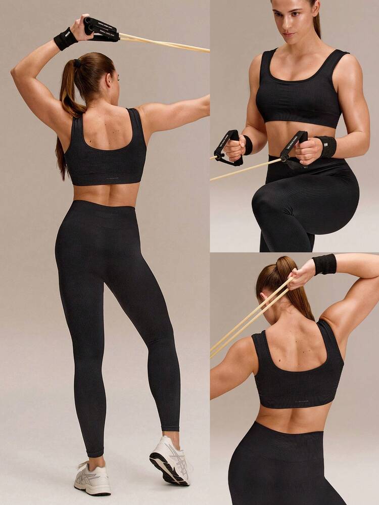 Ultrafine Soft Seamless Square Neckline Removable Cups Ribbed Underbust Sports Bra & 24" Scrunch Butt Lifting Leggings Set Training Running Workout Gym Wear