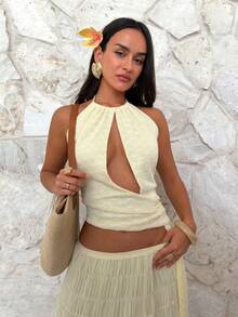 Firerie Women's Sexy Hollow-Out Backless Halter Neck Blouse For Vacation - Light Yellow - View 2