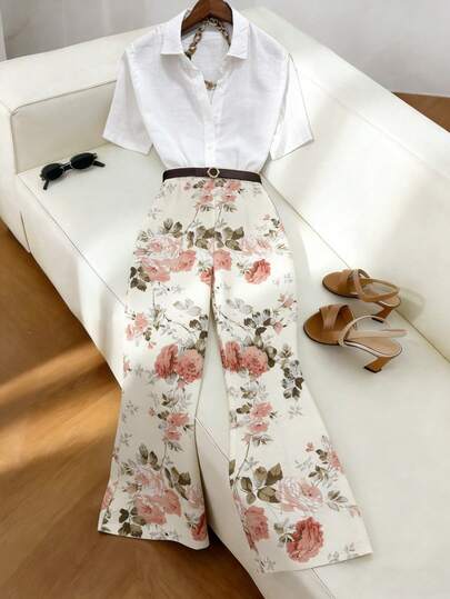 Elenzga 女士印花喇叭裤优雅办公裤