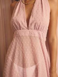 Aralina 女士提花深V领薄纱迷你连衣裙派对连衣裙可爱外出连衣裙活动连衣裙波点连衣裙纹理连衣裙粉色连衣裙派对连衣裙沙滩罩衫性感连衣裙 - 藕粉色 - 查看 3