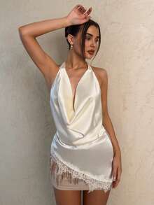 SHEIN Glamour 优雅性感垂褶领腰部拼接蕾丝露背系带纯色女式衬衫，适合派对、度假、日常穿着、海滩、春夏季节等场合。 - 杏色 - 查看 9