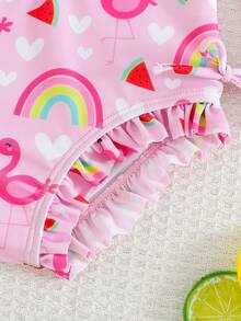 SHEIN 女婴彩虹图案针织柔软圆领长袖泳衣和帽子两件套 - 粉色 - 查看 4