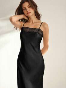 Ocili Áo ngủ hai dây ren phối màu trơn tương phản thanh lịch dành cho nữ. - màu đen - Xem 5