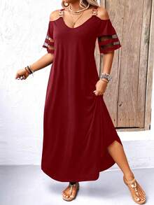 EMERY ROSE Plus Size Shoulder Strap Off-Shoulder Short Sleeve Dress Maxi Women Outfit - Burgundy - View 1