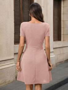 EMERY ROSE Women's Elegant Solid Color Waist Cinched Short Dress, Summer Pink Women Dresses Casual - Dusty Pink - View 2