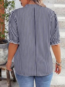 Breezaya Plus Size Women Striped V-Neck Casual Everyday Short Sleeve Shirt - Navy Blue - View 3
