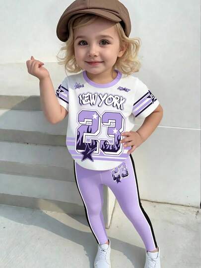 SHEIN Playful Pals 2pcs/Set Toddler Girls' Casual Creative Stylish Purple Number 23 Flame Star Stripe Pattern New York Letter Graphic Print Short T-Shirt And Leggings Outfit, Comfortable Daily Wear For Spring, Summer And Autumn