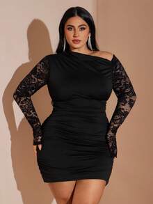 SHEIN BAE Vestido curto de manga longa com renda preta, elegante para encontros e passeios, vestido plus size para primavera e verão - Preto - Visão 5